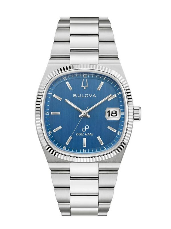 BULOVA 寶路華 Super Seville 超級塞維利亞系列 方形復古262kHz超頻精準不銹鋼綠藍色錶盤石英機芯男錶 96B440 錶徑 38MM